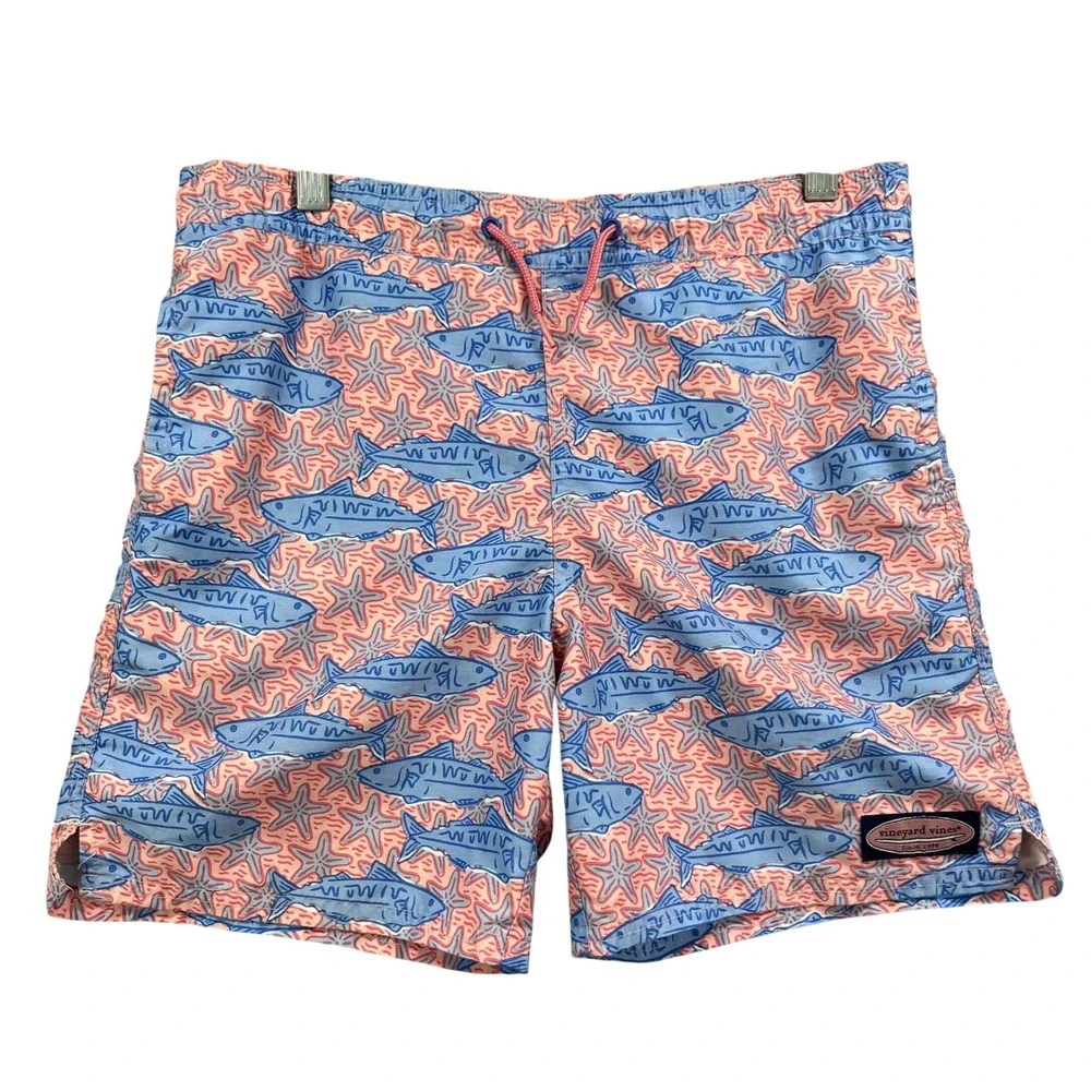 Vineyard Vines Swim Trunks Boys Small 8-10 Pink Blue Fish Starfish Beach Surf